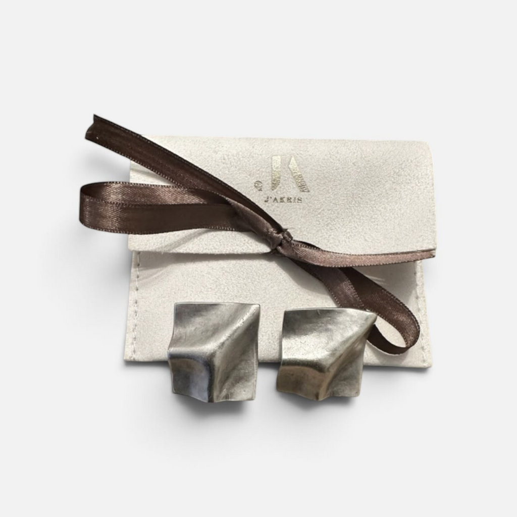 Jakris Noila sculptural silver-tone earrings with a geometric, curved square design and antique finish.