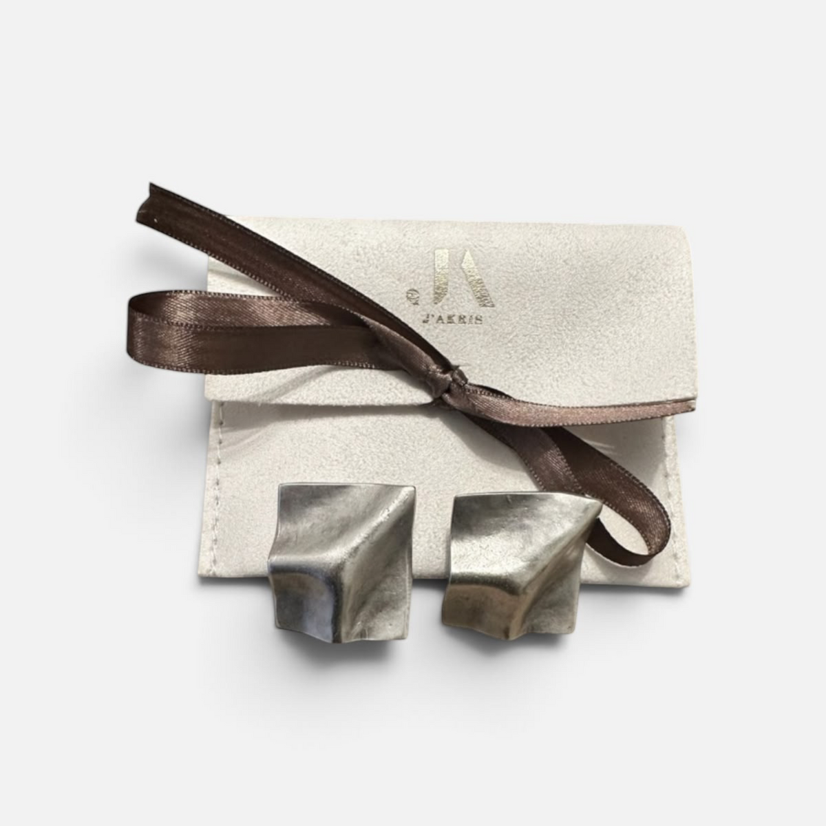 Jakris Noila sculptural silver-tone earrings with a geometric, curved square design and antique finish.