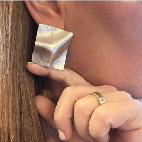 Jakris Noila sculptural square earrings in antique silver plated brass with a geometric curved surface design.