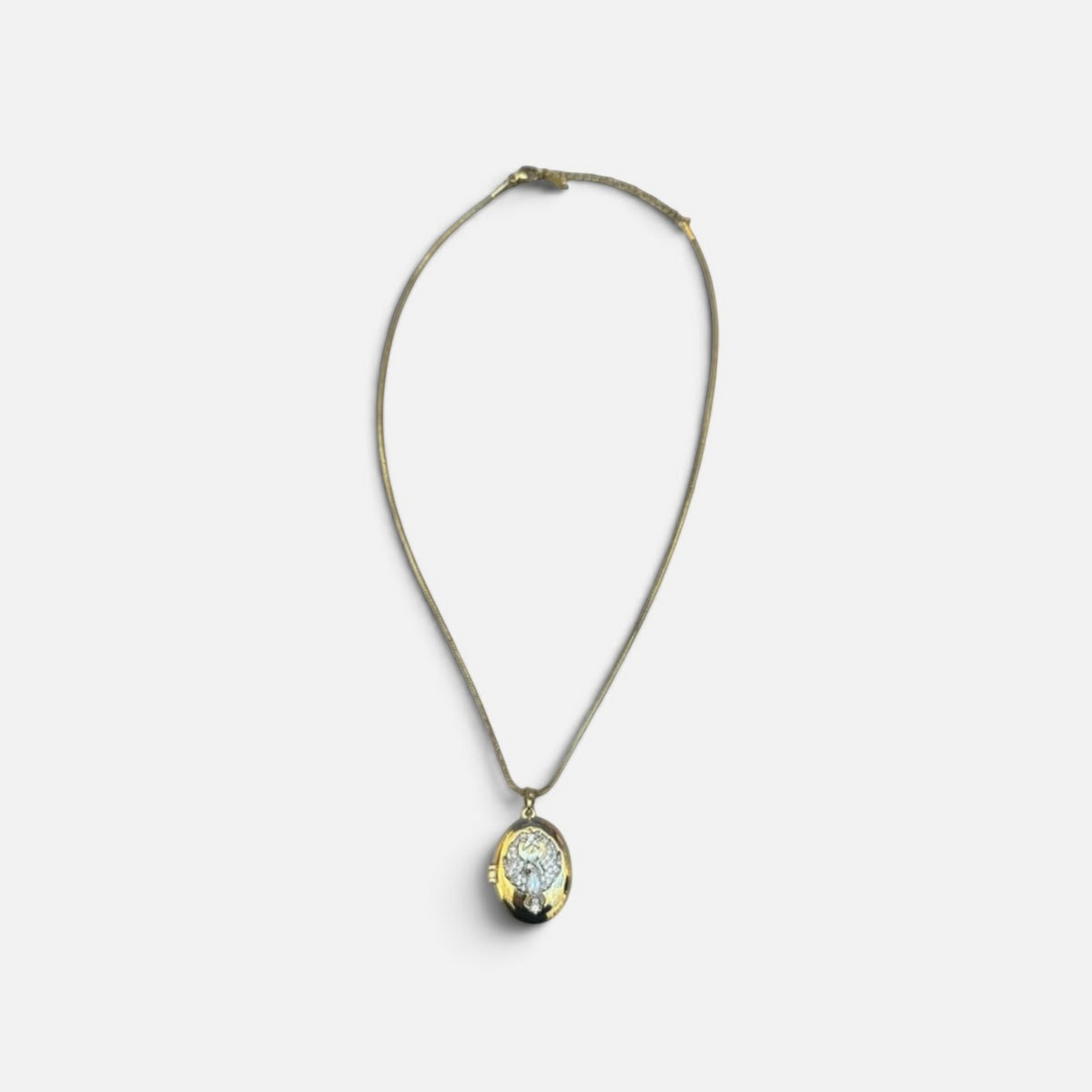 Jakris gold-plated oval locket necklace featuring a zircon-encrusted phoenix design on a delicate chain.