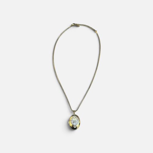 Jakris gold-plated oval locket necklace featuring a zircon-encrusted phoenix design on a delicate chain.