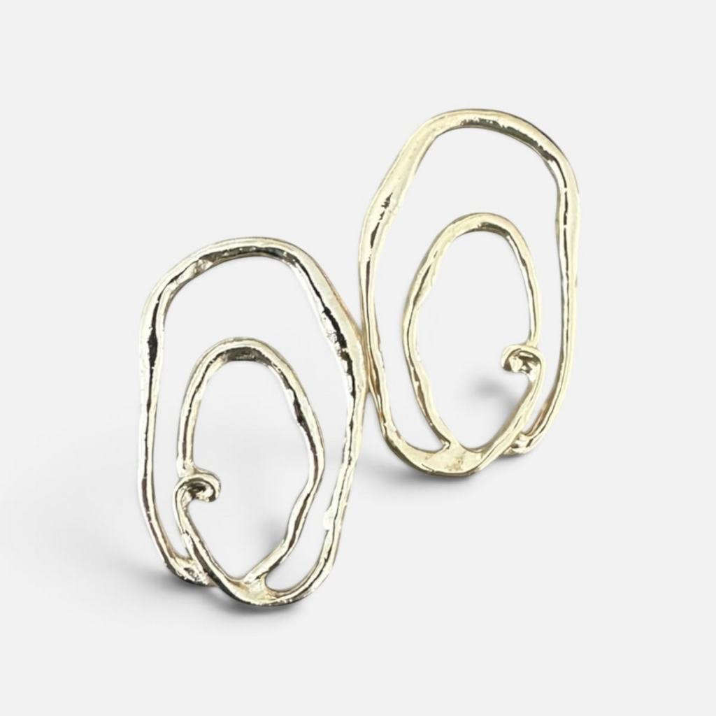 Jakris Alara gold plated abstract oval earrings with textured surface and organic asymmetrical design