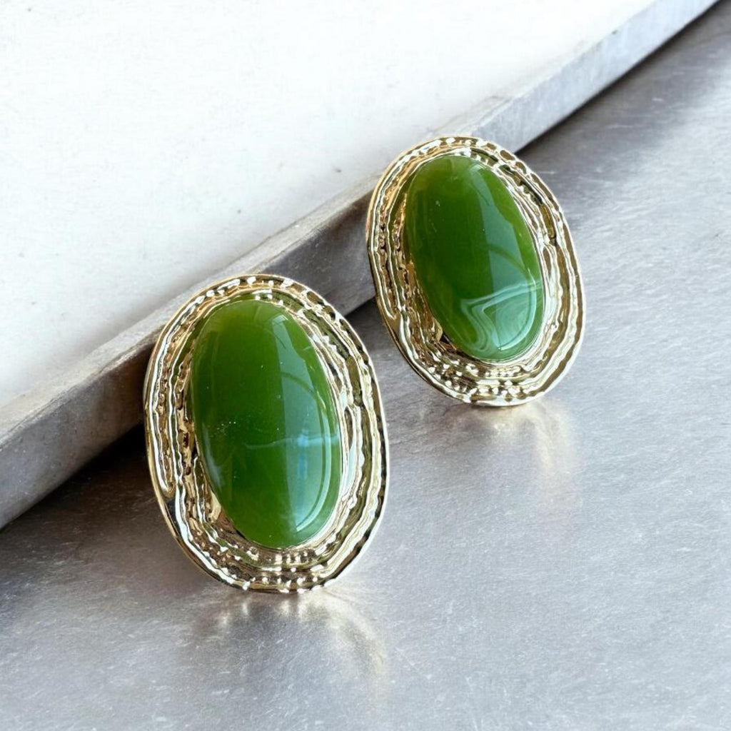Vintage Esintili Yeşil Oval Küpe