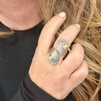 Jakris handmade adjustable ring in brass and white gold rhodium plating with a unique swirling fan design