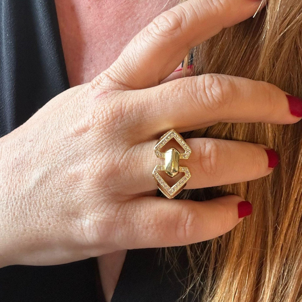 Jakris adjustable gold geometric ring with crystal accents worn on a finger
