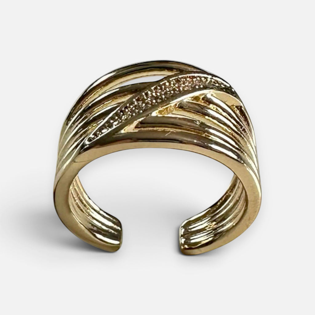 Jakris adjustable gold-tone wide ring featuring a multi-strand band design with sparkling crystal accents.