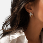 Jakris Anka bird inspired gold hoop earring with sparkling zircon stones worn on a woman with dark hair