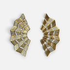 Jakris Art Deco fan-shaped earrings in gold tone with intricate geometric patterns and sparkling zircon stones