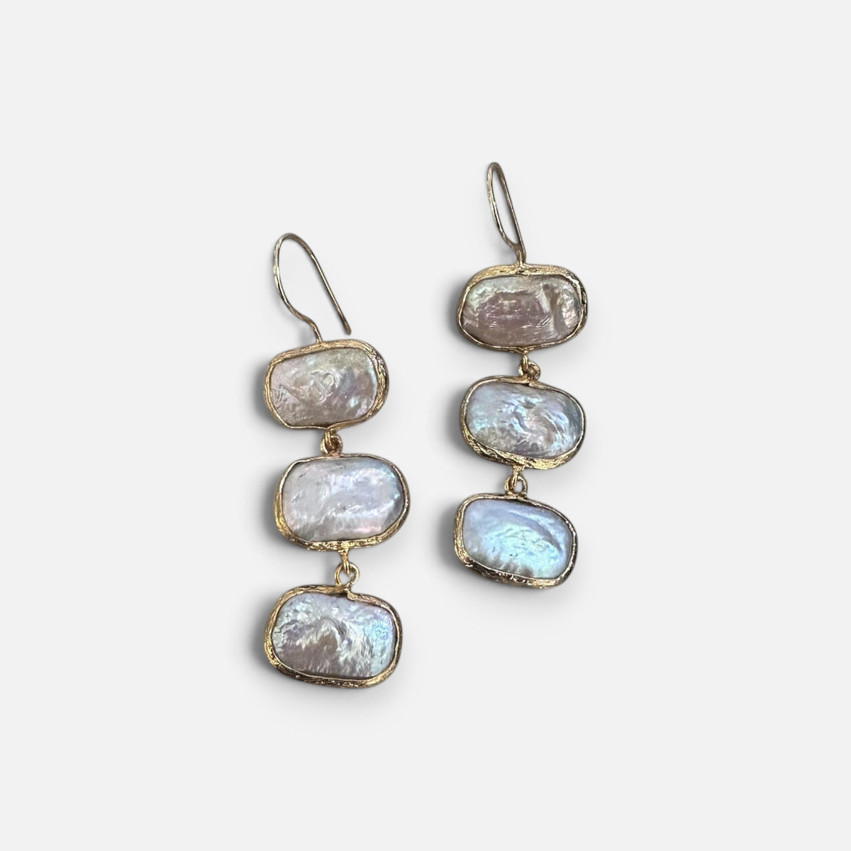 Jakris gold-plated drop earrings featuring three rectangular baroque freshwater pearls in a timeless elegant design