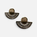 Jakris minimalist fan-shaped stud earrings featuring sparkling crystals in a polished gold-tone metal setting.