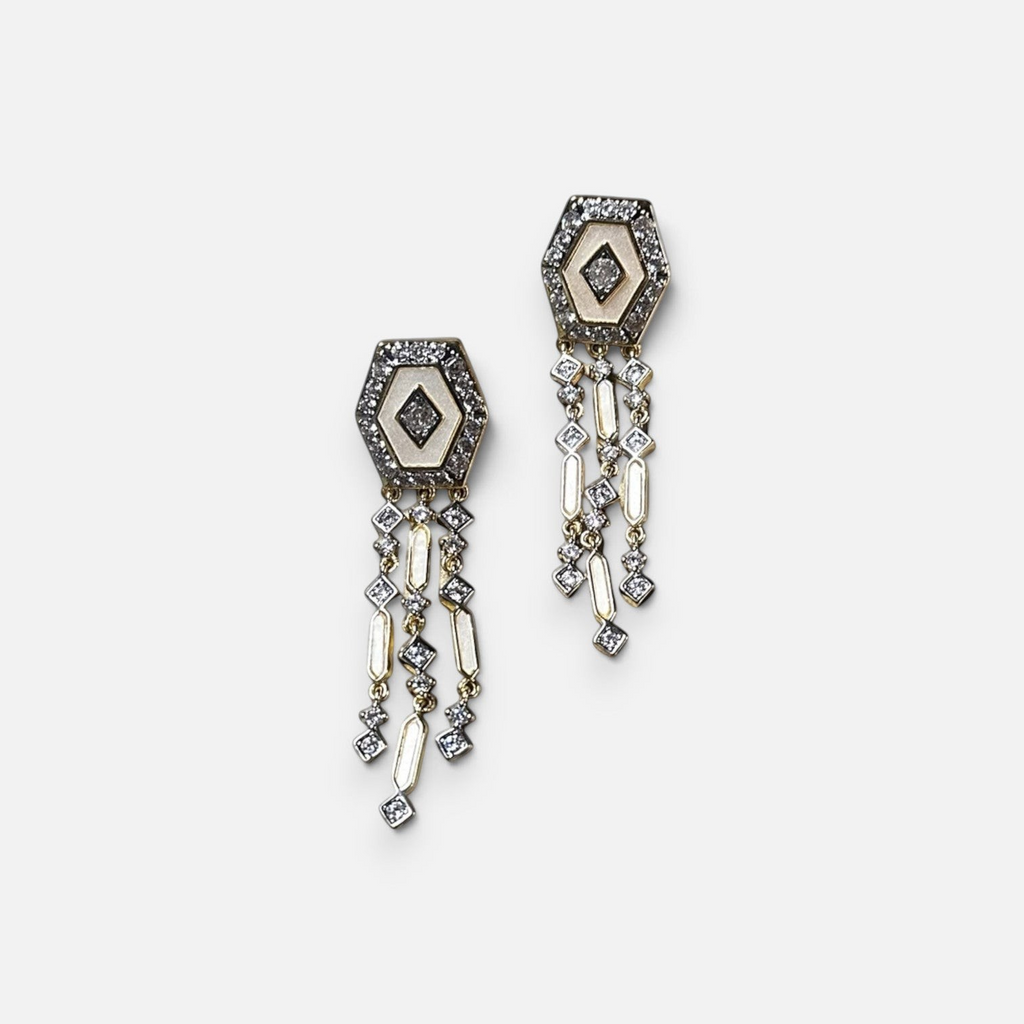 Jakris Elara gold-plated hexagonal drop earrings with sparkling zircon stones and delicate dangling chain details.