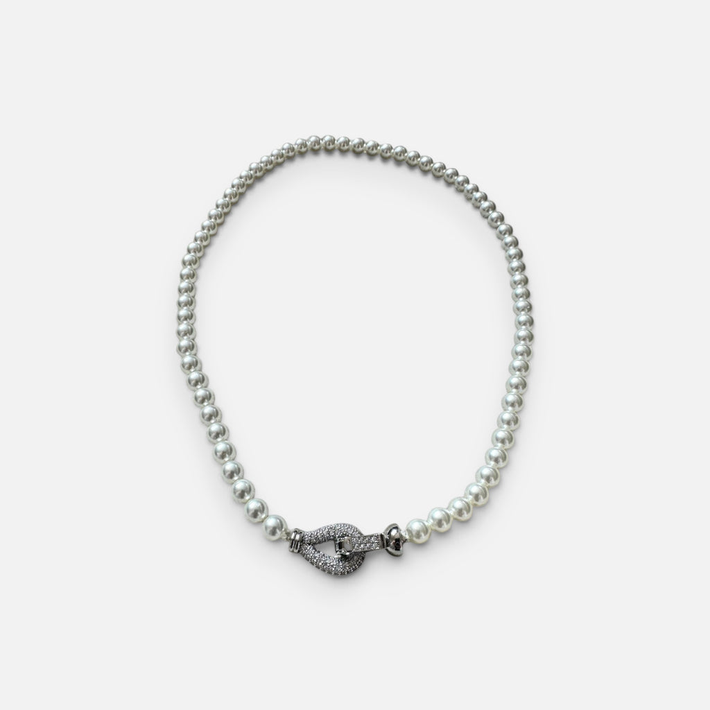Jakris freshwater pearl bridal choker necklace featuring a sparkling zircon stone clasp detail on a white background.