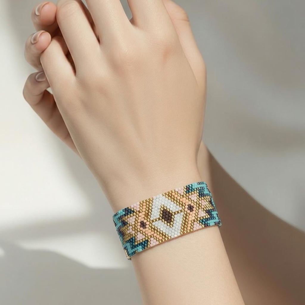 Jakris woven bead bracelet featuring a geometric pattern in metallic gold, turquoise, and soft pink on a wrist.