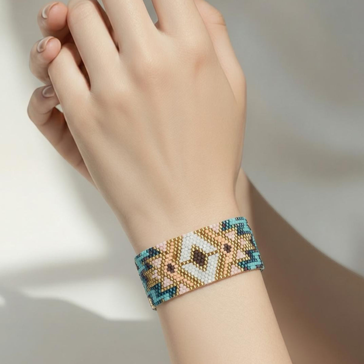 Jakris woven bead bracelet featuring a geometric pattern in metallic gold, turquoise, and soft pink on a wrist.