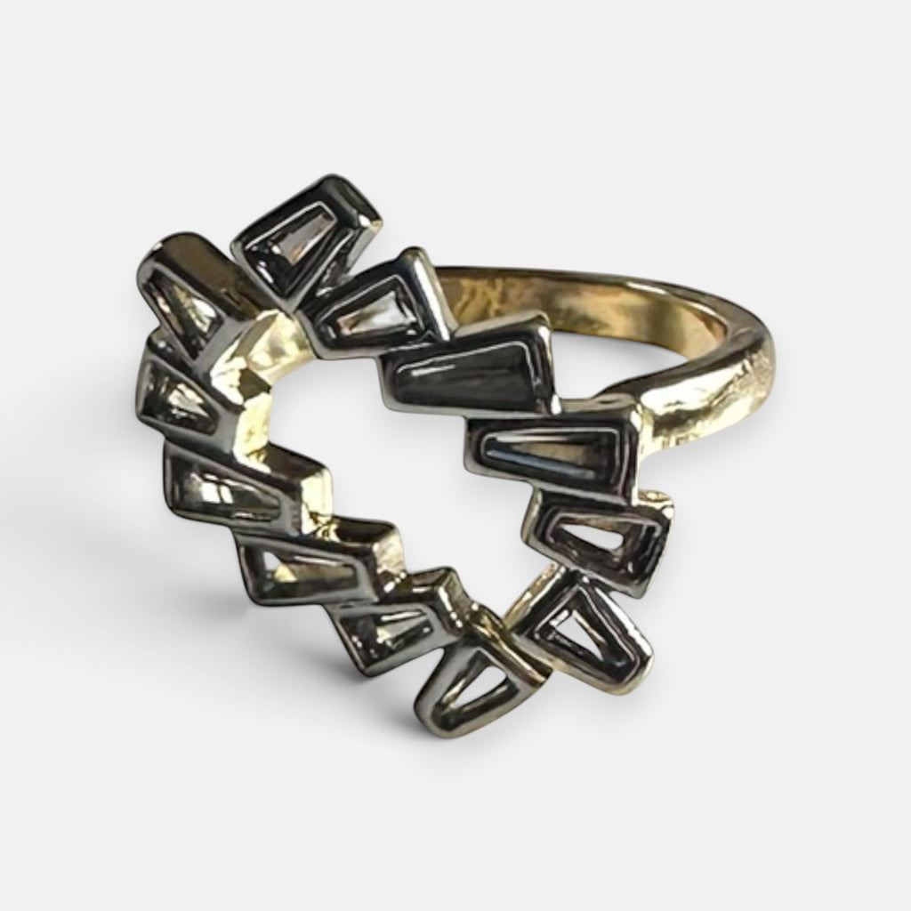 Jakris adjustable gold-tone open ring featuring a geometric crystal-embellished design on a white background.