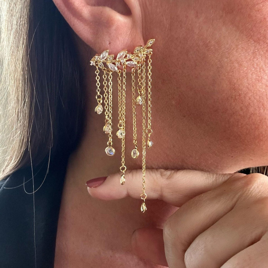 Jakris gold-tone long leaf-shaped earring with multiple dangling chains and sparkling crystals for special occasions