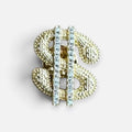 Jakris gold-tone dollar sign brooch featuring a textured surface and a vertical row of sparkling clear crystals.