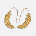Jakris 24k gold-plated feather earrings with a detailed textured design, lightweight and elegant for formal wear.