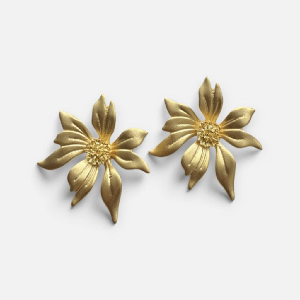 Jakris gold-plated flower-shaped stud earrings with textured centers on a white background