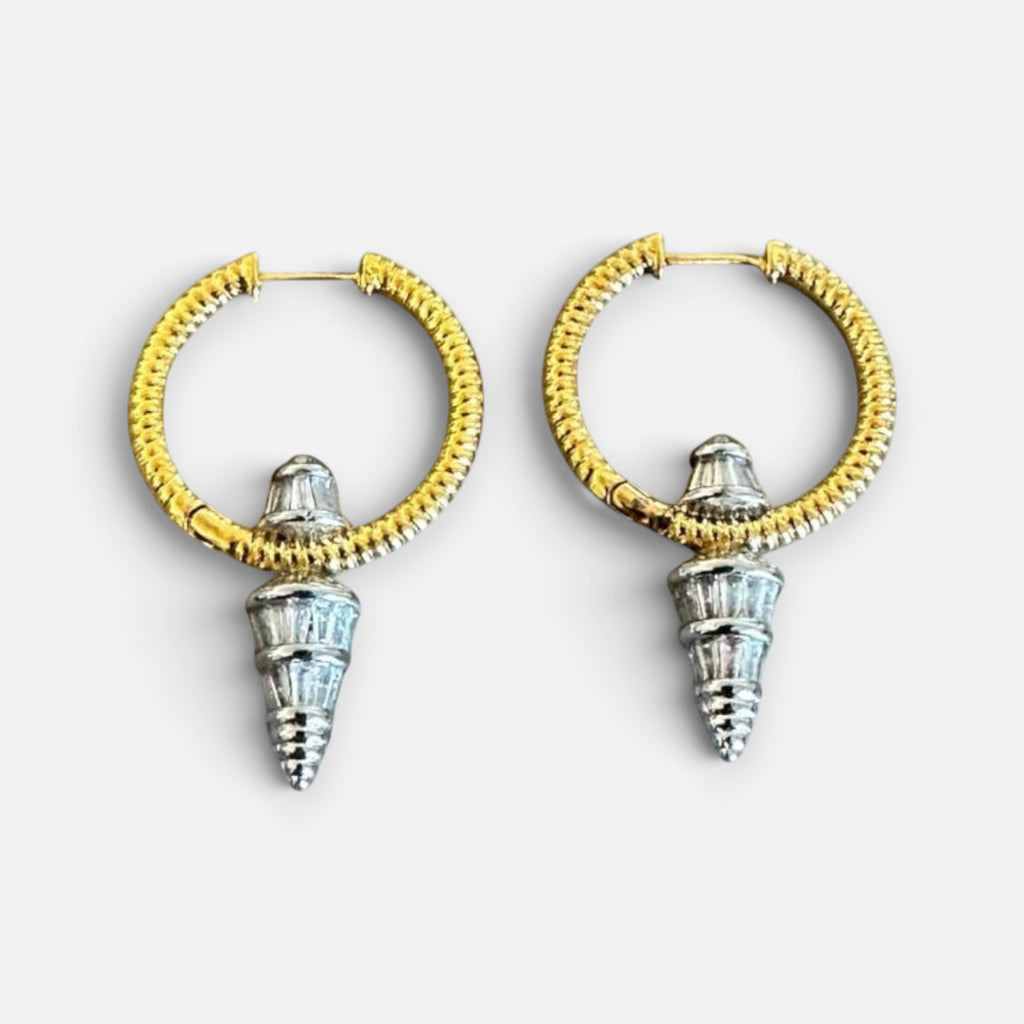 Jakris gold hoop earrings featuring silver pointed zircon drop pendants with a textured rope design