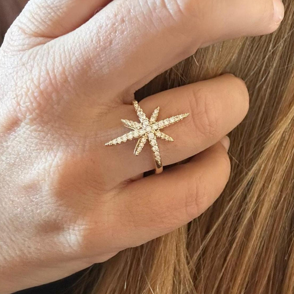 Jakris adjustable gold-tone North Star ring with sparkling cubic zirconia stones worn on a woman's finger
