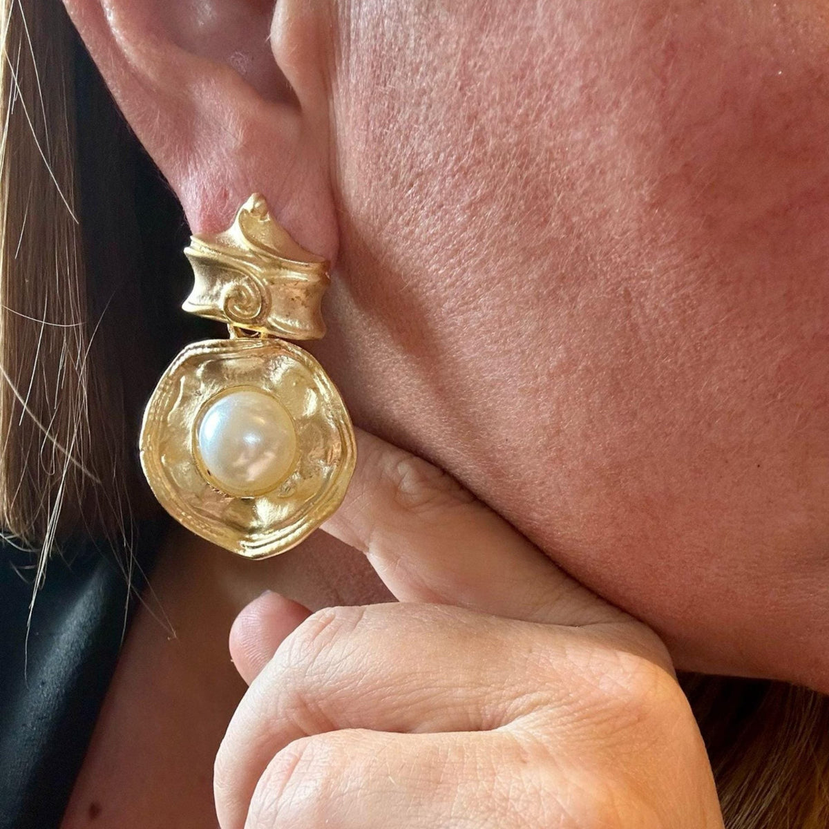 Jakris vintage-inspired gold statement earrings featuring a large central pearl in a textured couture design