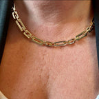 Jakris gold-plated modern chain choker necklace with rectangular links worn around the neck