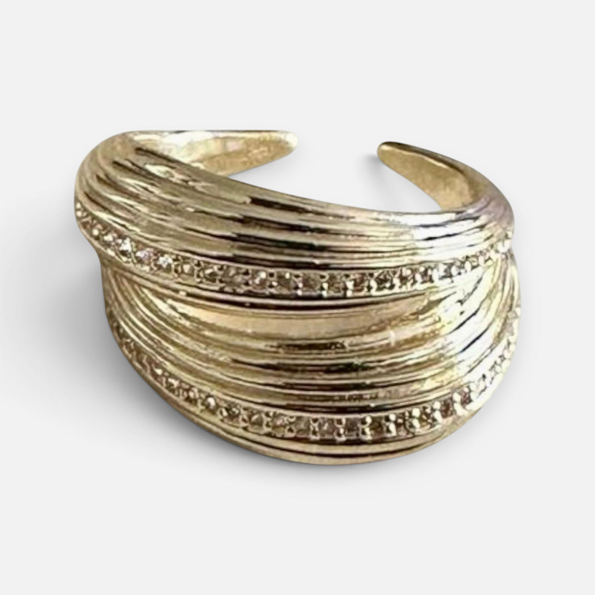 Jakris gold-plated adjustable ring with textured layered bands and delicate crystal accents for women