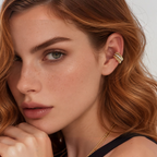 Jakris gold-tone ear cuff with a ribbed cage design and a central row of clear crystals worn on a woman's ear