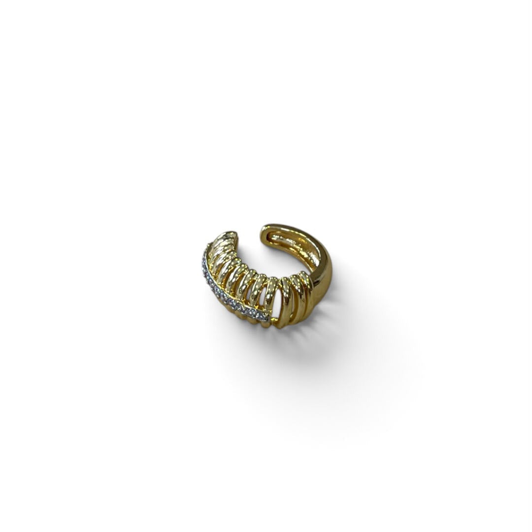 Jakris gold-tone ear cuff with a ribbed cage design and a central row of sparkling clear crystals.