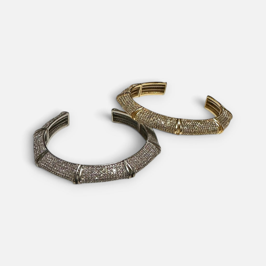Jakris gold and silver tone cuff bracelets featuring sparkling zircon stones, elegant bridal jewelry design