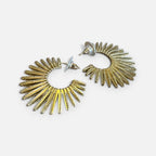 Jakris gold fan-shaped hoop earrings with a textured, sunburst design and stud closure.