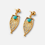 Jakris gold-plated bronze leaf-shaped earrings featuring a central turquoise stone, elegant and lightweight design.