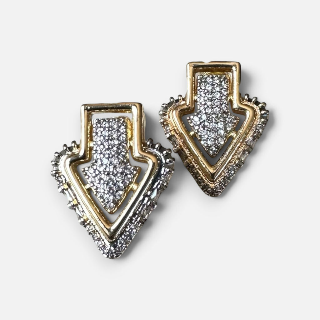 Jakris gold-plated arrow-shaped earrings featuring geometric Art Deco design and sparkling zircon stones