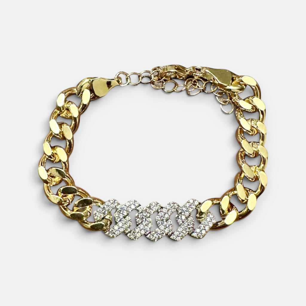 Jakris gold-plated chunky chain bracelet featuring a central section encrusted with sparkling white zircon stones.