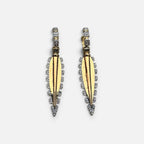 Jakris gold-plated long drop earrings featuring intricate zircon stone detailing on a white display stand.