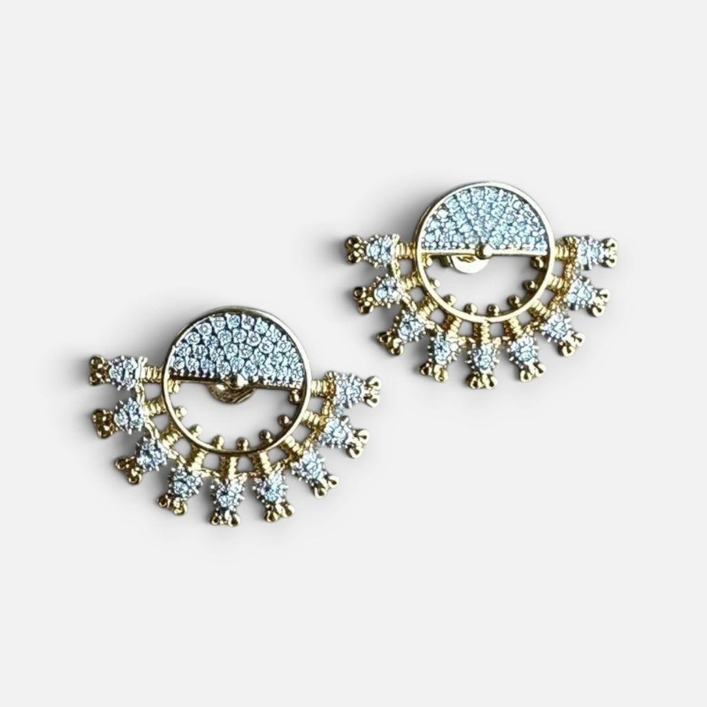 Jakris gold fan-shaped earrings featuring sparkling zircon crystals and elegant tassel-like detailing