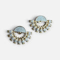 Jakris gold fan-shaped earrings featuring sparkling zircon crystals and elegant tassel-like detailing