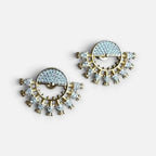 Jakris gold fan-shaped earrings featuring sparkling zircon crystals and elegant tassel-like detailing