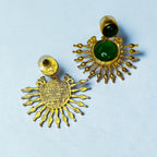 Jakris gold-plated sun-shaped drop earrings featuring green onyx stones on a white background.