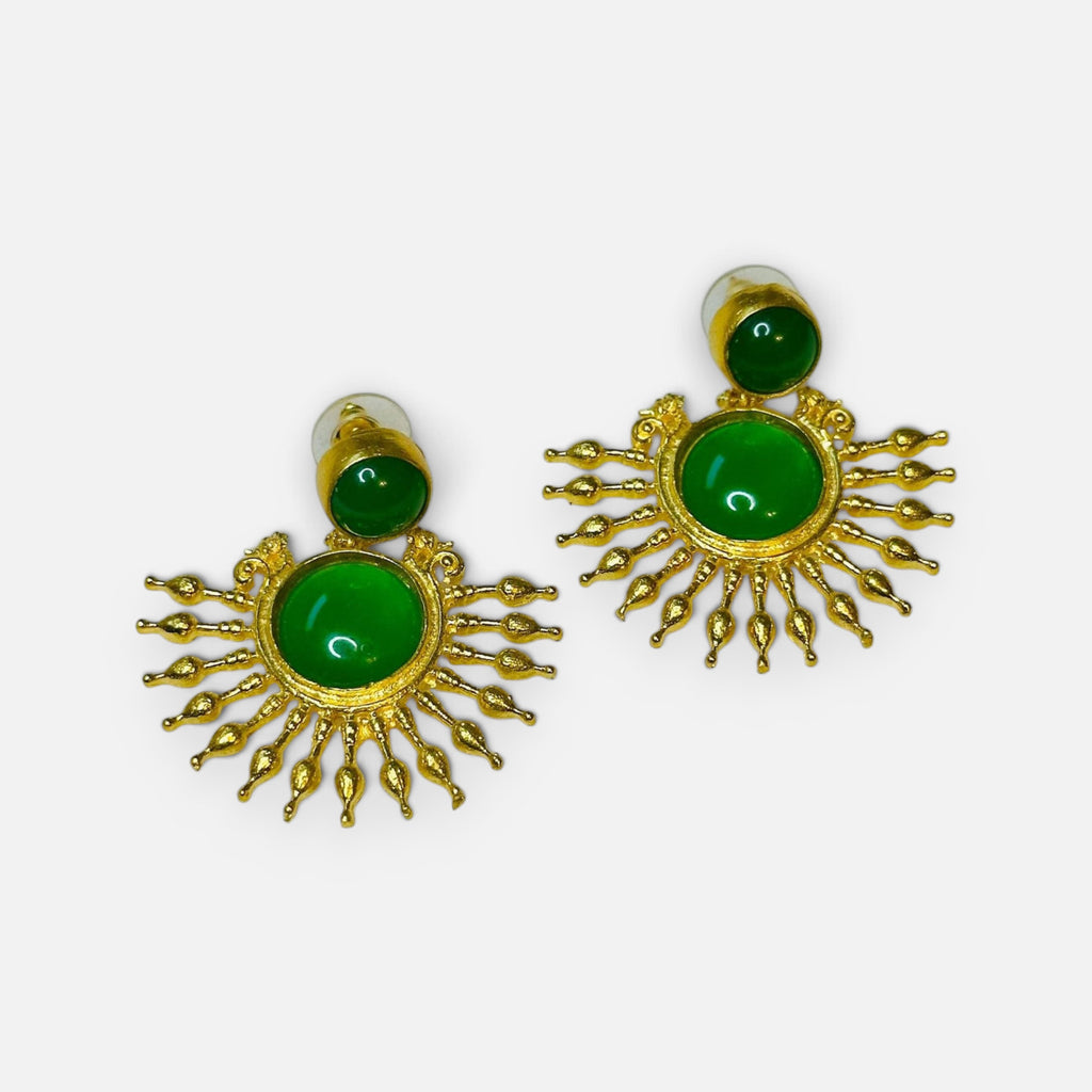 Jakris green onyx stone drop earrings with 24k gold plated sunburst design on a white marble background