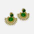 Jakris green onyx stone drop earrings with 24k gold plated sunburst design on a white marble background