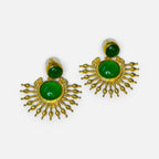 Jakris green onyx stone drop earrings with 24k gold plated sunburst design on a white marble background