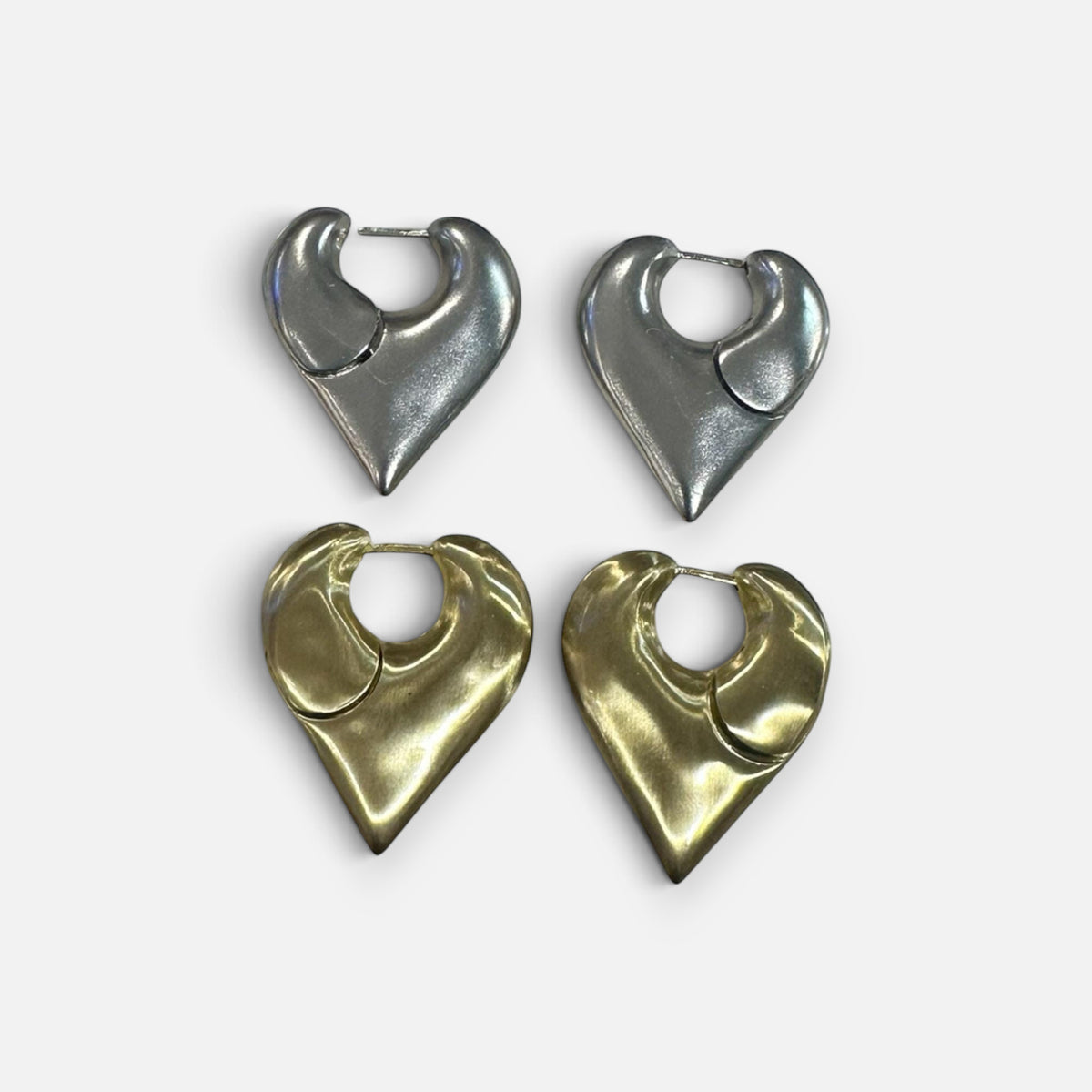 Jakris Joyce Maçaro designer heart-shaped earrings in brass with white gold rhodium plating and gold tone finish