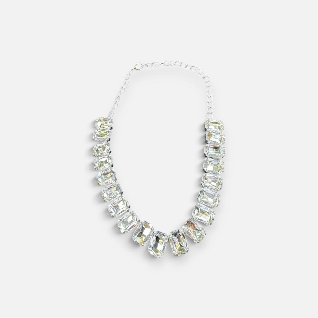 Jakris Liora choker necklace featuring large emerald-cut crystals with a silver-tone finish and adjustable chain.