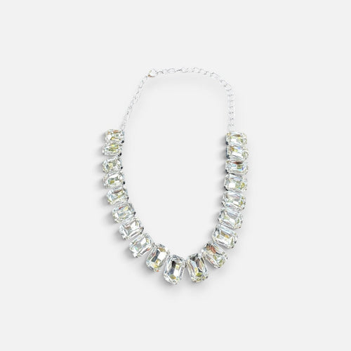 Jakris Liora choker necklace featuring large emerald-cut crystals with a silver-tone finish and adjustable chain.