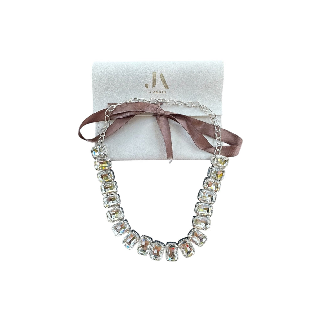 Jakris Liora choker necklace featuring emerald-cut crystals with silver-tone plating and an adjustable chain.