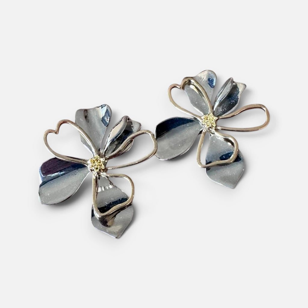 Jakris mixed metal flower earrings featuring silver petals with gold-tone centers in a lightweight floral design