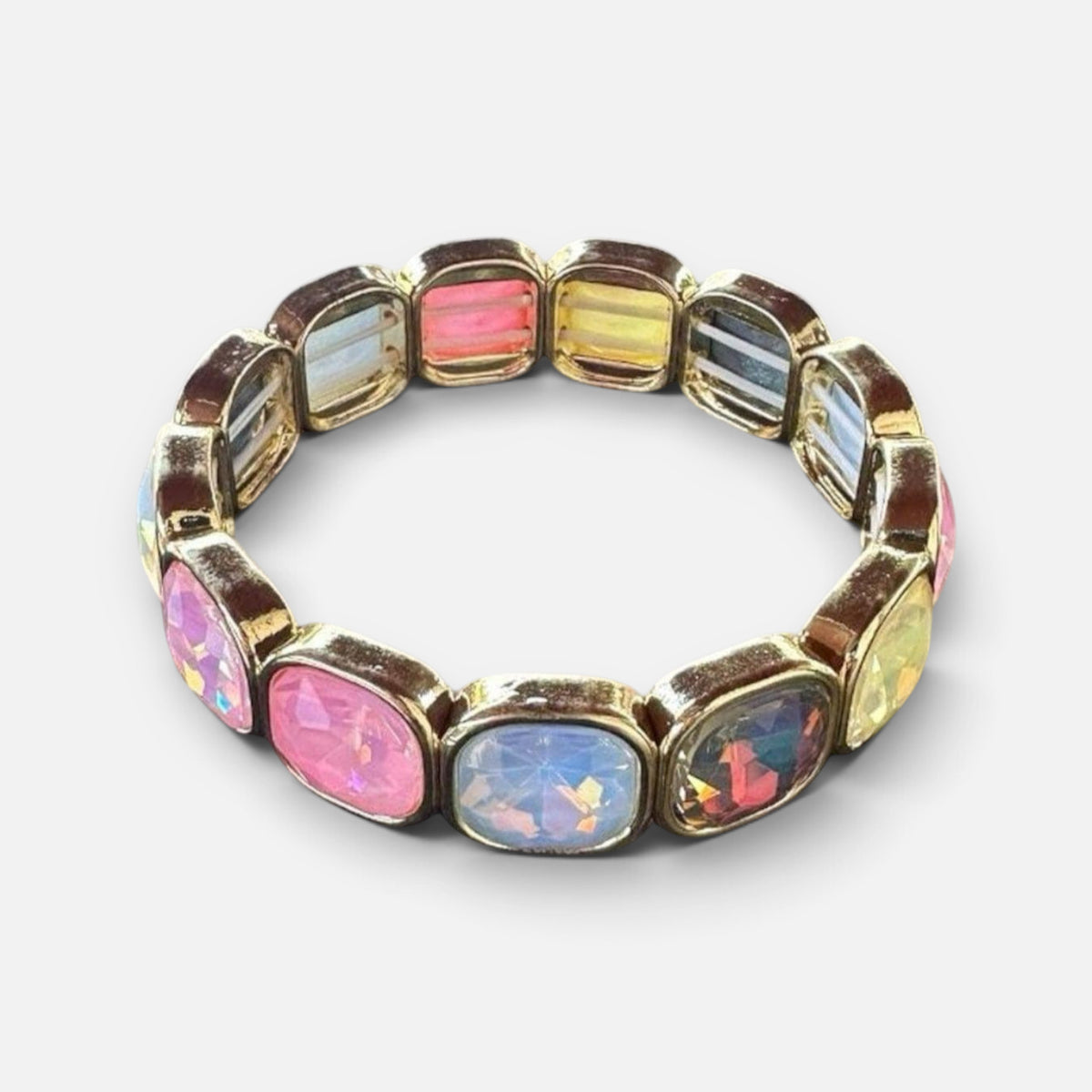 Jakris elastic bracelet featuring square multi-colored crystal stones in a Georgian-style gold-tone setting