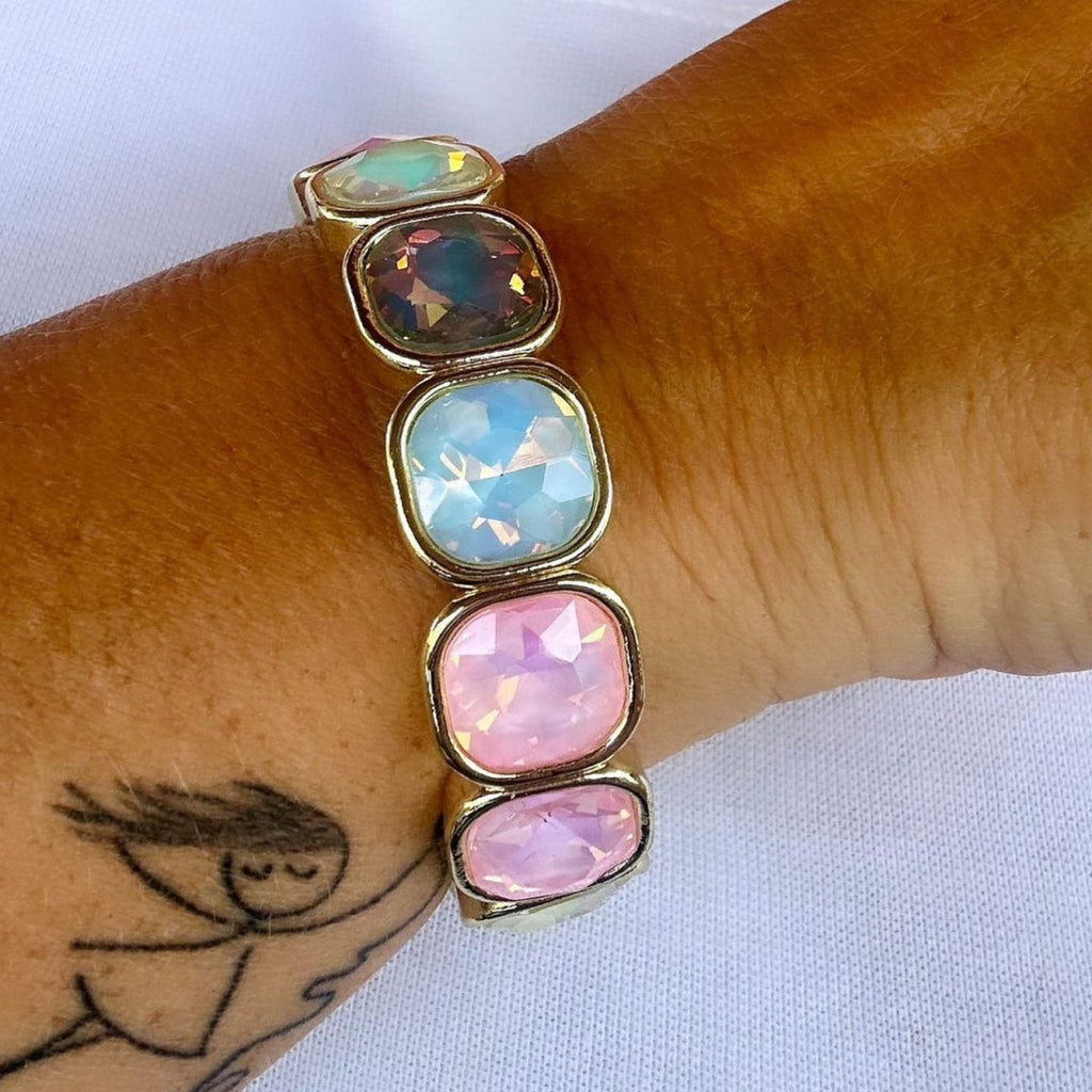 Jakris elastic bracelet featuring square multicolored crystals in a Georgian style on a wrist